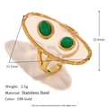 Detail view of 18K gold plated starfish heart ring with dimensions and green oval stone - Acrylic Transparent Emerald Open Ring-Gold