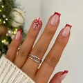 Christmas short nude nails with red French tips and bow rhinestones on model hand - Bz1660 Moon Chapter Star Verse / Jelly Glue + Nail File