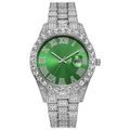 Hiphop silver watch with green Roman dial and full diamond iced-out quartz movement - Silver Green