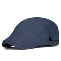 Navy blue denim newsboy cap for men and women with adjustable brass buckle side detail - Adjustable / Blue
