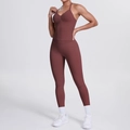 Damen Yoga-Set 2-teilig mit V-Ausschnitt Top und High-Waist-Leggings in dunklem Braunrot - Braun