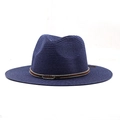 Detailed close-up of dark blue straw fedora with brown leather band and metal buckle - Navy Blue