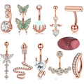 Lot de 10 piercings de nombril or rose avec breloques cœur, papillon et serpent - Style Serpent Or Rose