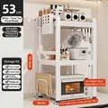 White 3-tier carbon steel microwave rack with adjustable height and side utensil hooks - 3-Tier Fixed-53cm-Cream White-Full Accessory Set