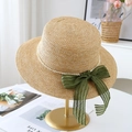 Close-up view of elegant flat top straw hat with pearl trim and green lace bow detail - M (56-58cm) / JS80461-9 Khaki 2