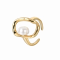 Bague ouverte dorée réglable avec cadre ondulé et grande perle blanche élégante - US 7 / Doré