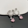 Boucles d'oreilles créoles C argentées avec pendentifs zircon rose en cœur - Boucles d'Oreilles Longues Cœur Rose