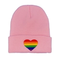 Pink knit beanie hat featuring rainbow heart embroidery and cuffed edge for women - Pink