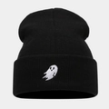 Close-up of ghost embroidery detail on black knit beanie for Halloween fashion wear - Black