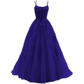 Dark blue spaghetti strap evening gown featuring floral lace appliques and tulle skirt - Bottoms / Sapphire Blue / US size 2