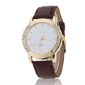 Elegant gold quartz watch for women with rhinestone bezel and brown leather strap - Coffee