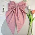 Elegant dusty pink satin bow hair clip with long ribbons and metal spring fastener - Korean Pink