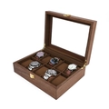 Boîte à montres en bois de noyer 10 emplacements avec couvercle en verre et velours brun - Boîte À Montres 10 Emplacements Grain De Bois De Noyer/Intérieur Café