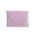Pink velvet cosmetic bag with gold embroidery and zipper, luxury makeup pouch - Flat Bag / Girl Pink