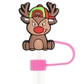 Brown reindeer silicone straw cover with a pink loop for 10mm drinking straws - 08 Brown Cartoon Reindeer