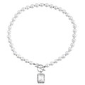 Elegant pearl necklace with silver OT buckle and rectangular clear zircon pendant - Steel with Clear Zirconia