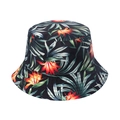 Detail of floral bucket hat featuring vibrant tropical red flowers and green palm leaf prints - Black Tropical Palm Floral (F)