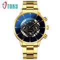 Men's gold steel strap watch with calendar and blue-black dual tone dial design - Skeleton Dial All Gold