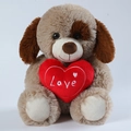 Brown and beige teddy bear plush toy holding a red Love heart, sitting pose - Heart-hugging Puppy / 30cm