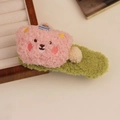 Pink plush teddy bear hair claw clip with green fuzzy base for women winter hair styles - Bear Clip - Pink