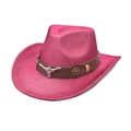 Detail of hot pink cowboy hat featuring a silver bull head emblem and leather band - Rose Red