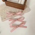 Detailed close-up of three pink satin bow hair clips on minimalist stone background - Set of 3 / Pink - 3pcs