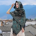 Scialle pashmina con motivo paisley etnico in ciano e nero con lunghe nappe nere - 200cm / Fiore di Griglia-Verde Scuro