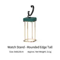 Golden metal watch stand with dark green velvet top and black C-ring display holder - Rounded Watch Stand High