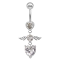Silver heart belly button ring with angel wings and clear zircon stones in vertical design - Silver Heart Wings