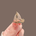 Elegant gold sailboat brooch for women encrusted with sparkling clear zircon crystals - 398# Small Boat