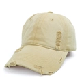 Detailed shot of khaki washed cotton baseball cap with vintage distressed ripped effects - Adjustable / Khaki