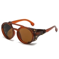 Retro steampunk round amber sunglasses with dark brown leather side shields and metal studs - Tea Frame Tea Lens