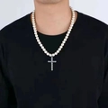 Men's vintage pearl necklace with a silver rhinestone cross pendant on male model - White Pearl Cross Necklace