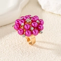 Adjustable golden flower ring featuring fuchsia pearls and sparkling rhinestones - Adjustable Open / KC Gold-Rose Red