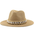Straw Panama jazz hat with wooden beads and shell accents for summer outdoor fashion - M (56-58cm) / Khaki
