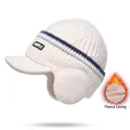 Winter fleece knit baseball cap with ear flaps and white thermal lining - Fleece-lined Ear Protection Knit Hat / Beige