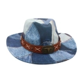 Vintage blue denim patchwork cowboy hat with brown leather band and bull head buckle - One Size / Light Blue