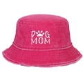 Frayed edge rose red bucket hat with white DOG MOM embroidery and paw print design - Distressed Frayed Edge Bucket Hat / Rose Red MOM