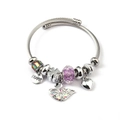 Silver stainless steel charm bracelet featuring swan and heart pendants with purple beads - LOVE Tag Swan (C2-004) / Purple