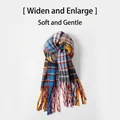 Extra wide soft plaid scarf in blue and orange checkered pattern with fringe - Rainbow Plaid Stripes