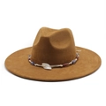Brown wool fedora with white braided rope and bohemian leaf detail on plain background - Suede / Khaki