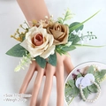 Wedding wrist corsage with cream and champagne roses, faux pearls, size 17x10cm - Wrist Corsage / Caramel color