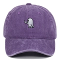 Close-up of ghost embroidery and washed cotton texture on a purple baseball cap - Adjustable / Purple