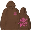 Sweat à capuche marron foncé avec imprimé SAJA BOYS rose, vues avant et arrière - Café