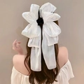 Detail of white mesh bow hair claw clip with silver glitter and long ribbons for women - Creamy White Ribbon-Bubble Claw Clip