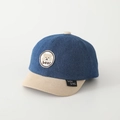 Detail of toddler denim baseball cap showing contrast brim and bear embroidery patch - Round Bear Patch / Off White