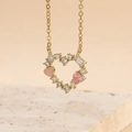 Bohemian style necklace with 14K gold-plated heart pendant and pink zircon stones - Heart Enamel Hollow Zircon