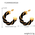 Retro geometric C-shaped earrings with black braided leather and golden metal finish - Gold Plated Copper With Black Leather / Black