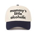 Close-up of the two-tone baseball cap featuring Mommy's Little Alcoholic embroidery - Beige/Navy Blue