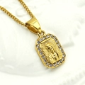 Macro shot of 316L gold-plated Virgin Mary pendant necklace with cubic zirconia - SM094 Rectangular Rhinestone Virgin Mary Pendant (No Chain)
